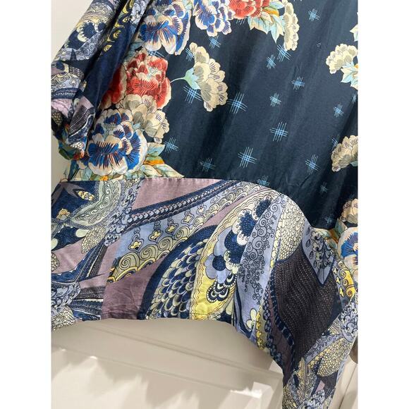 JOHNNY WAS USA Blue 100% Silk Japanese Floral, Long Sleeve Tunic Dress Sz M - Picture 9 of 10
